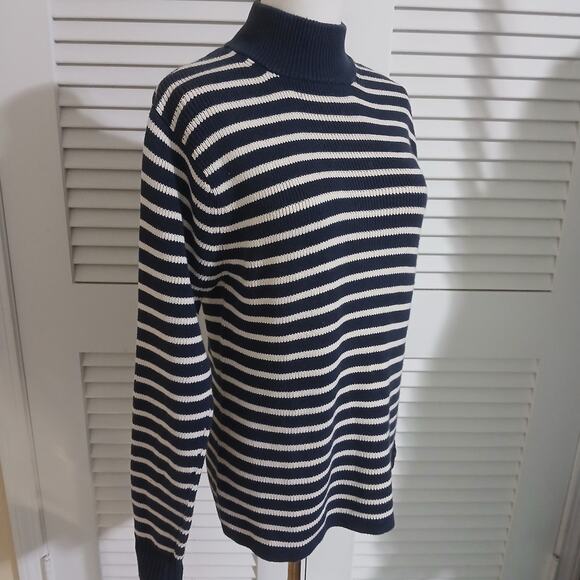 GAP Medium 100% Cotton Mock-Neck Blue/Cream Striped Tunic Sweater Ribbed Cuff - Picture 1 of 13
